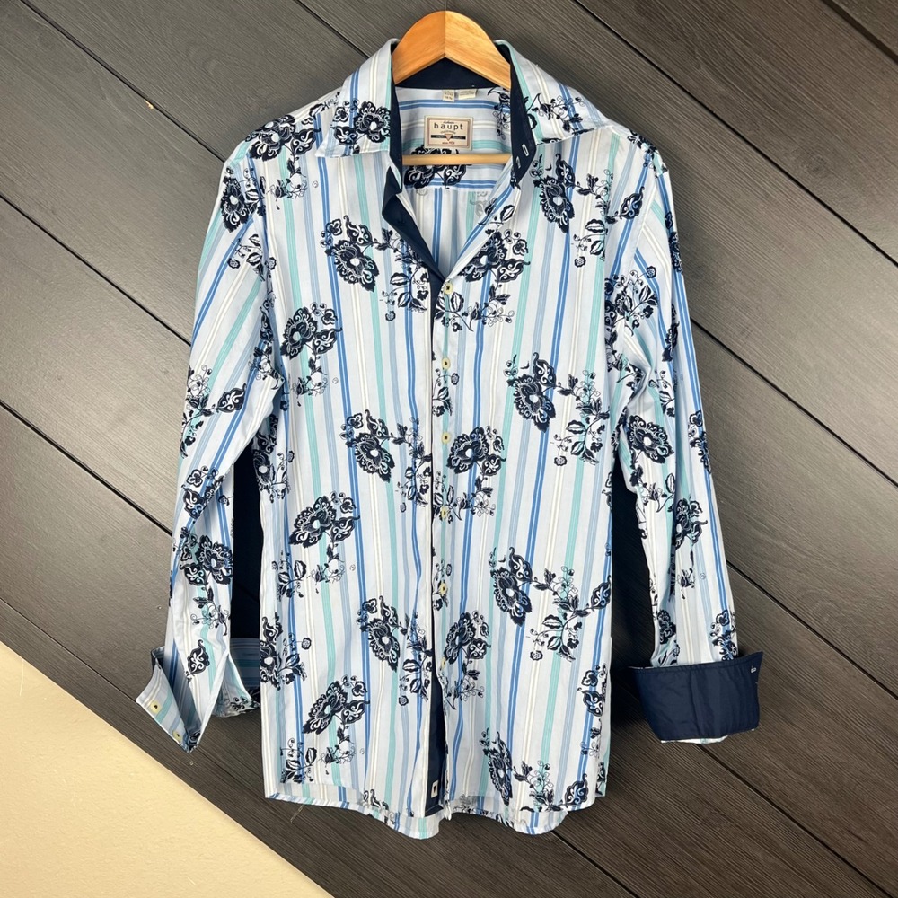 Haupt‎ Germany Mens L Button Up Shirt Floral Stripe 16.5 41/42 Blue Cotton